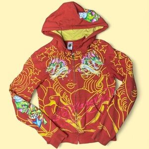 Ed Hardy Red and Yellow Dragon Print Hoodie